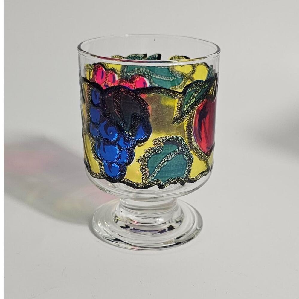 Pedestal Glasses Libbey Fruit Stained Glass Vintage 1970s